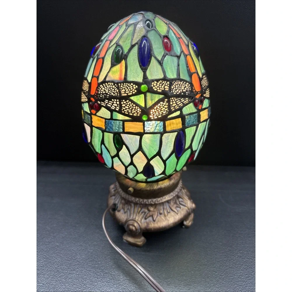 Dale Tiffany Dragonfly Motif Egg Shaped Stained Glass Accent Lamp
